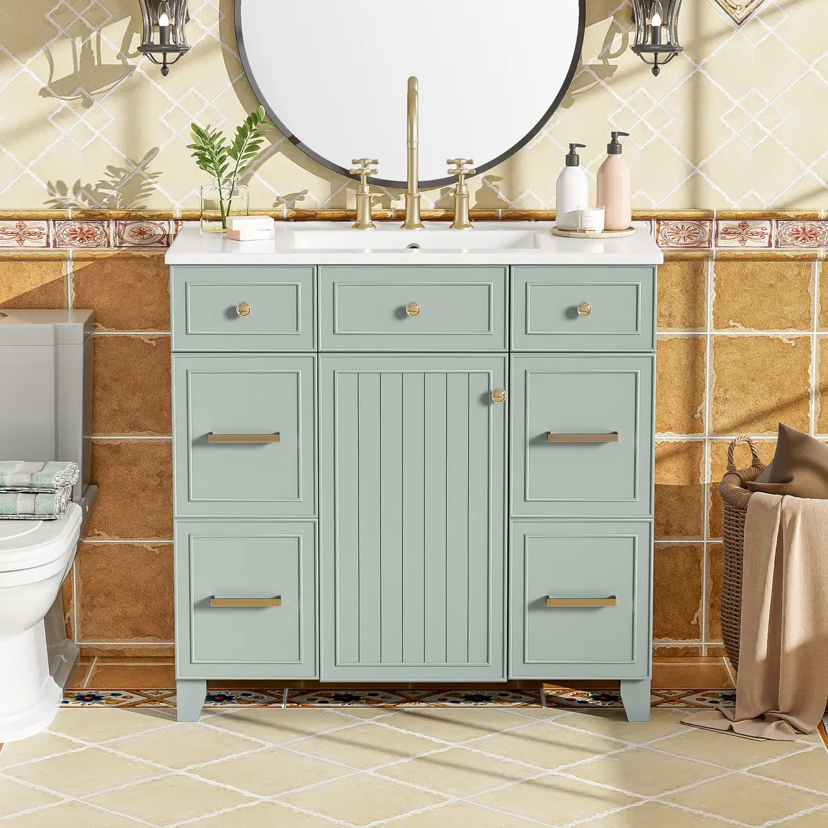36" Bathroom Vanity with Ceramic Sink, Green, Solid Wood Frame, Soft Close