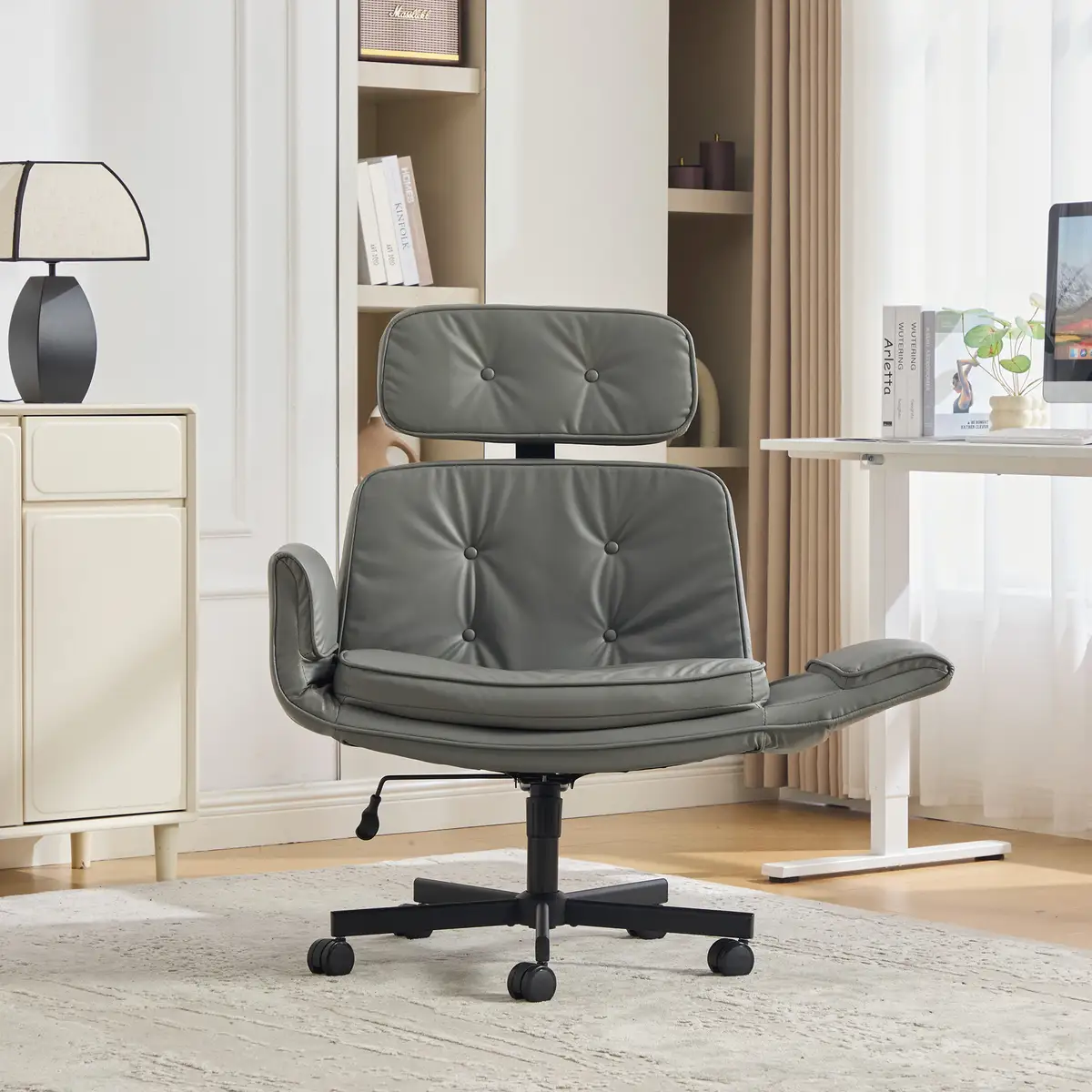 Criss Cross Chair with Adjustable Armrests & Wheels & Headrest, PU Lounge