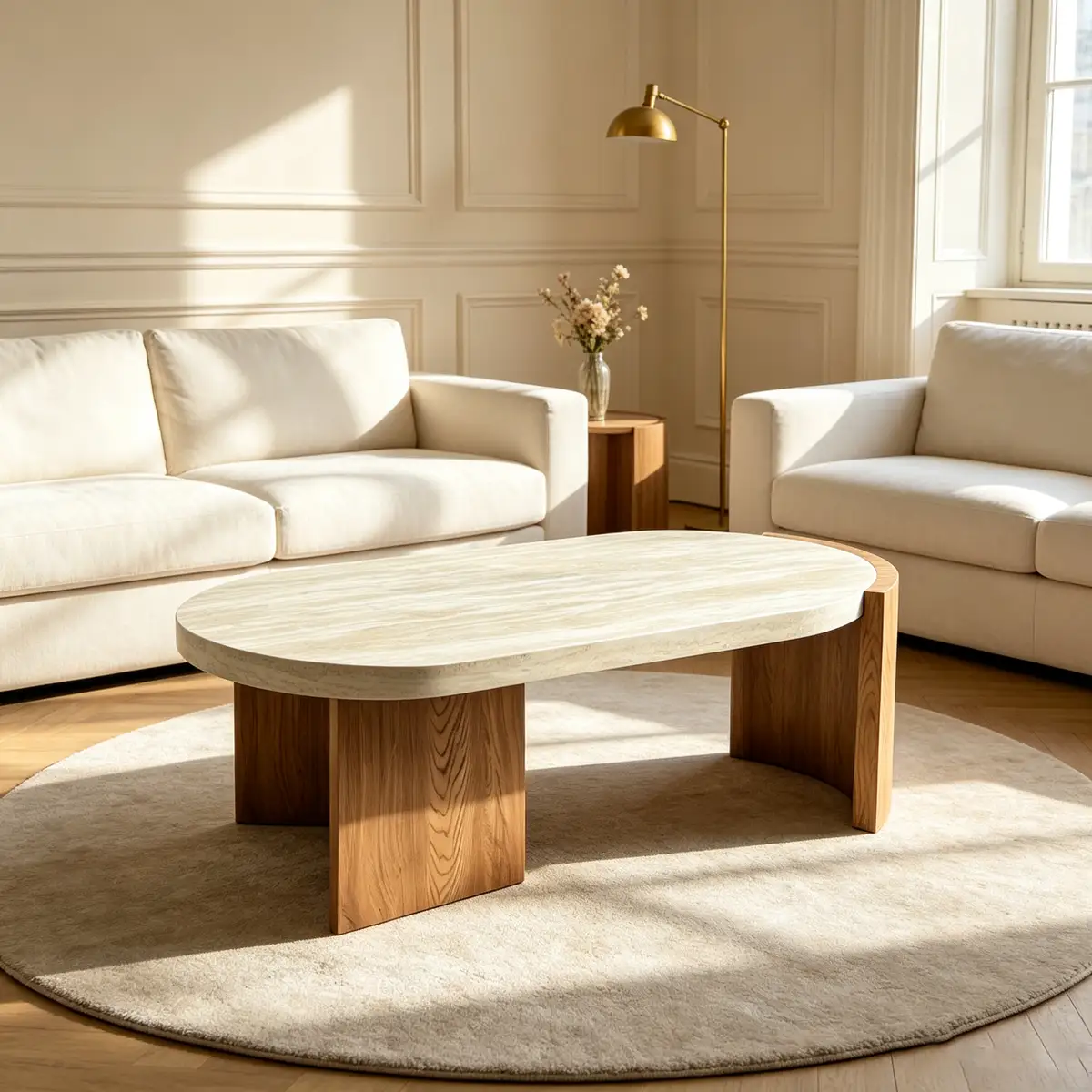 48.42 inch Oval Coffee Table, Modern Coffee Table with Faux Wood Curved MDF