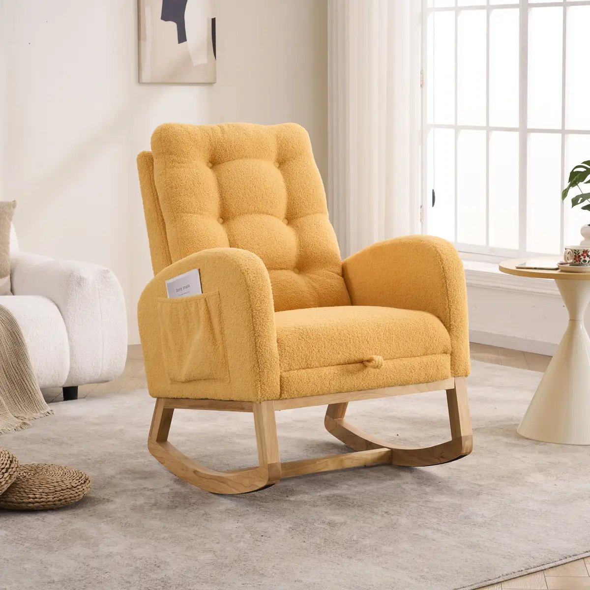 LY-5104 Yellow Accent Rocking Chair with Footrest High Back Rubber Wood Rocking