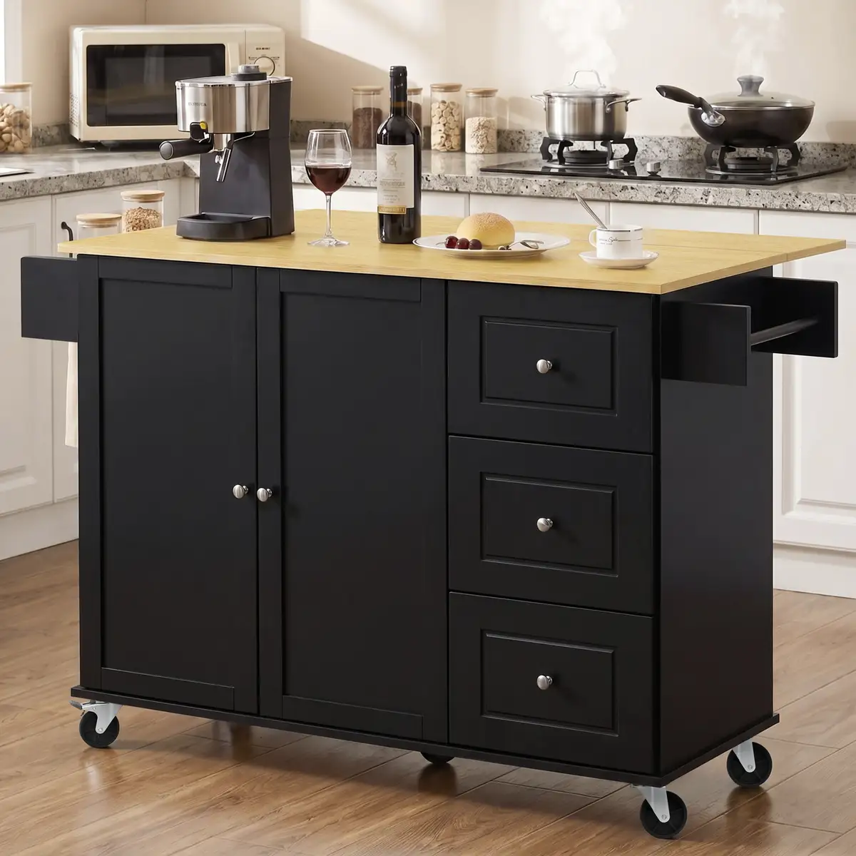 52.7" Kitchen Island with Storage & Drop Leaf, Rolling Kitchen Island Cart